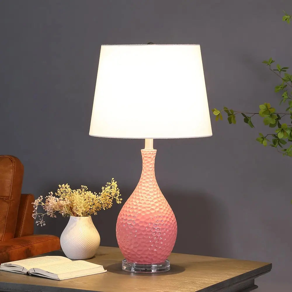 28" Pink Hammered Urn Table Lamp With White Tapered Drum Shade HomeRoots