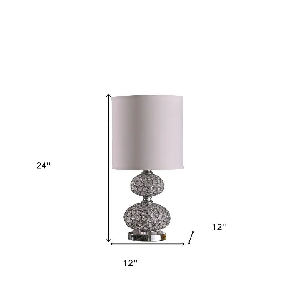 24" Chrome and Faux Crystal Double Orb Table Lamp With White Classic Drum Shade HomeRoots