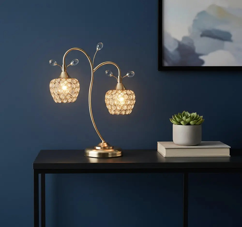 17" Gold Two Light Bedside Table Lamp With Clear Novelty Shade HomeRoots