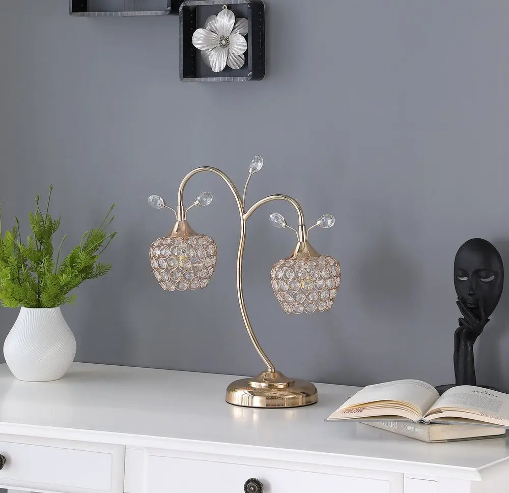 17" Gold Two Light Bedside Table Lamp With Clear Novelty Shade HomeRoots