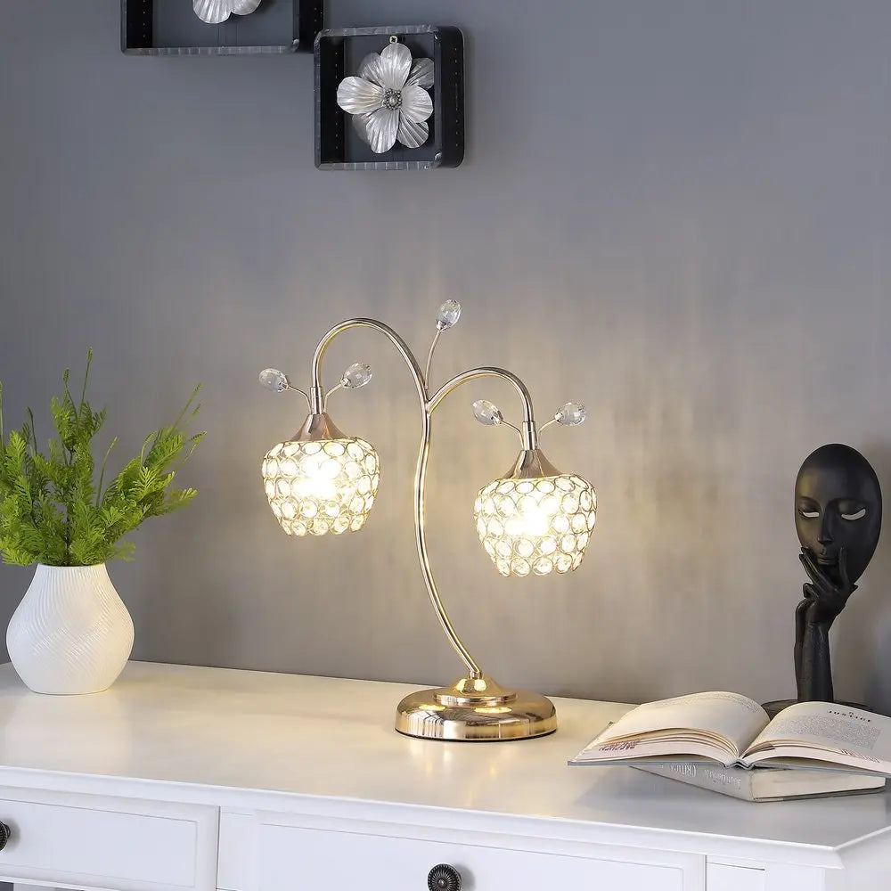 17" Gold Two Light Bedside Table Lamp With Clear Novelty Shade HomeRoots