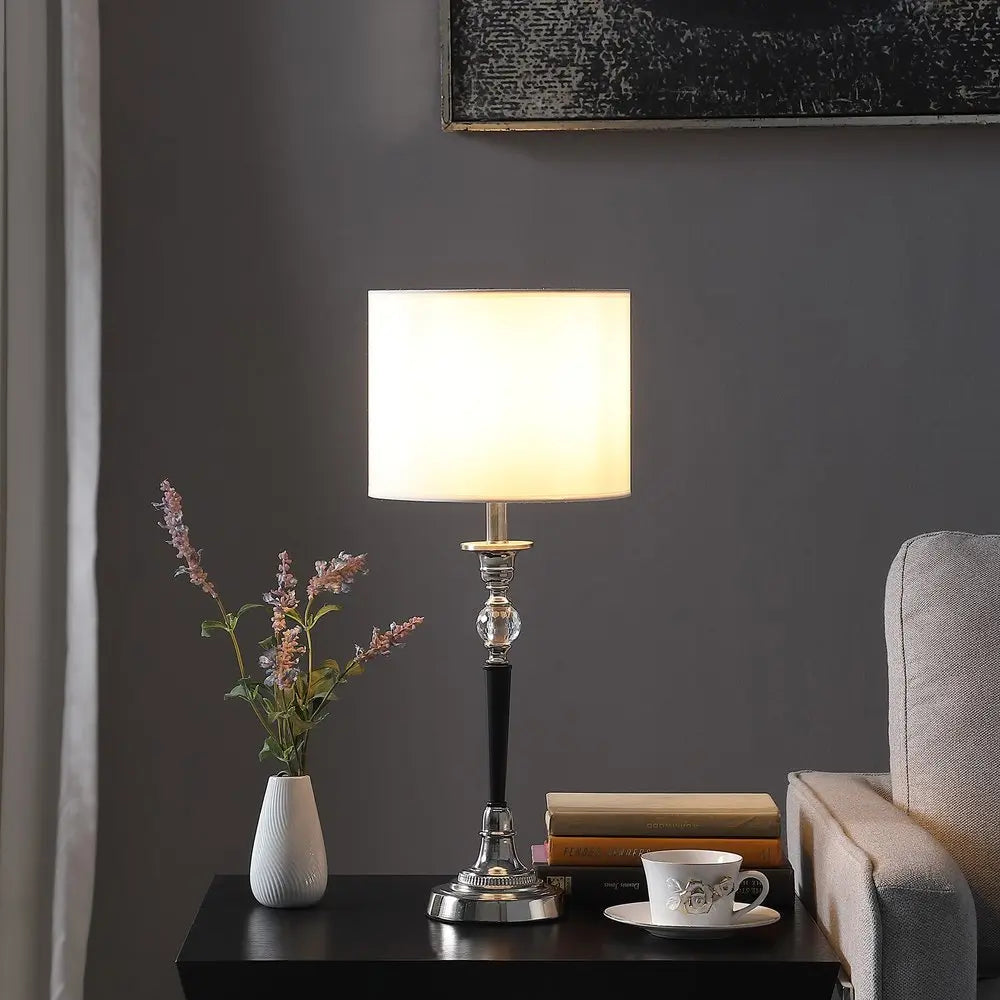 23" Black Chrome and Crystal Table Lamp With White Drum Shade HomeRoots