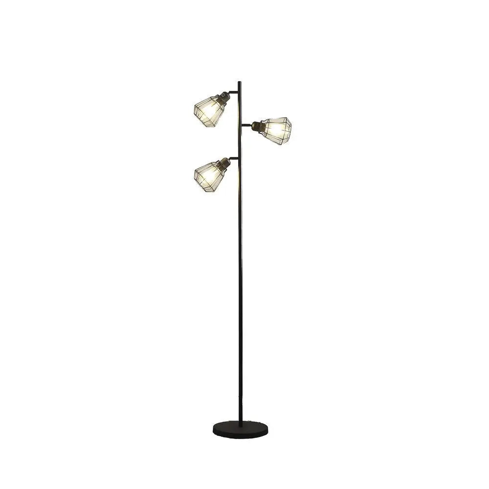 66" Black Metal Three Light Tree Floor Lamp With Black Metal Cage Shade HomeRoots