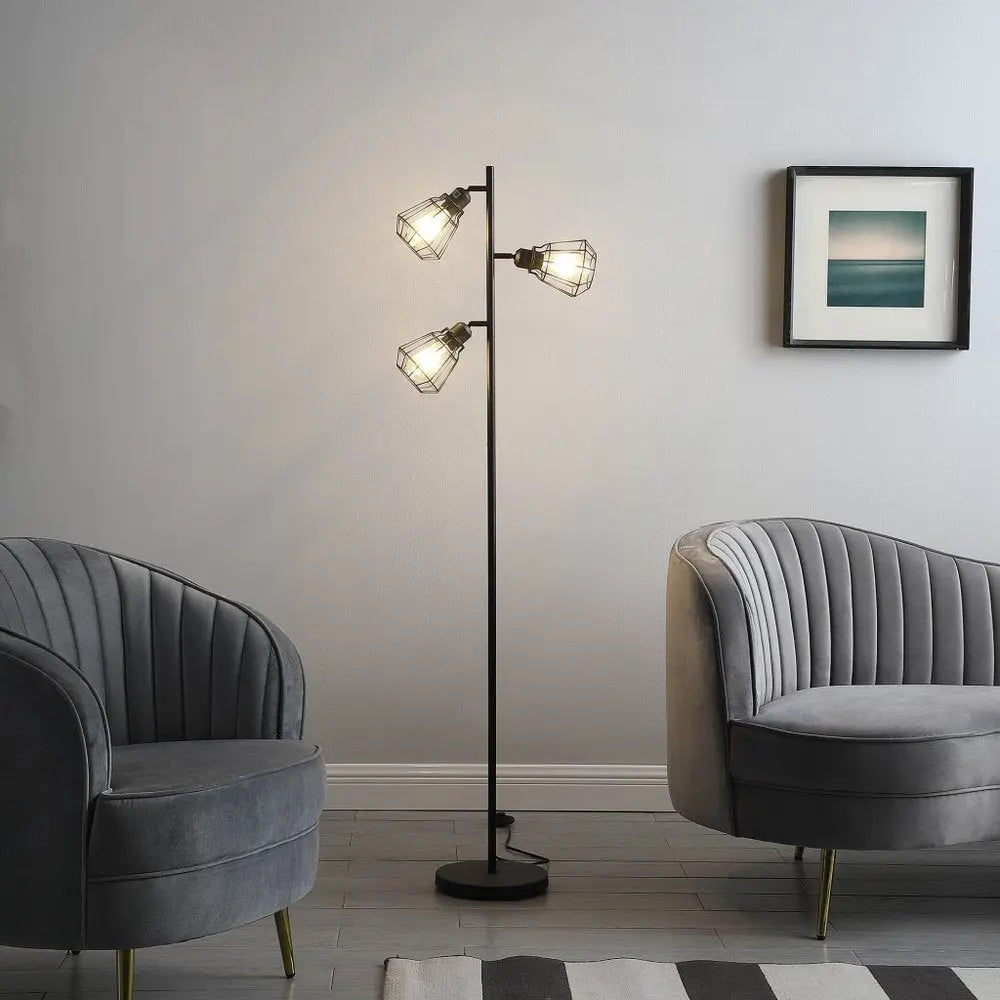66" Black Metal Three Light Tree Floor Lamp With Black Metal Cage Shade HomeRoots