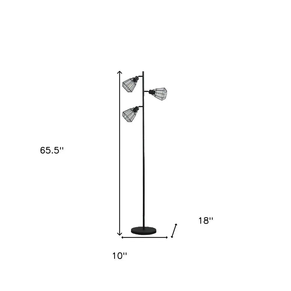 66" Black Metal Three Light Tree Floor Lamp With Black Metal Cage Shade HomeRoots