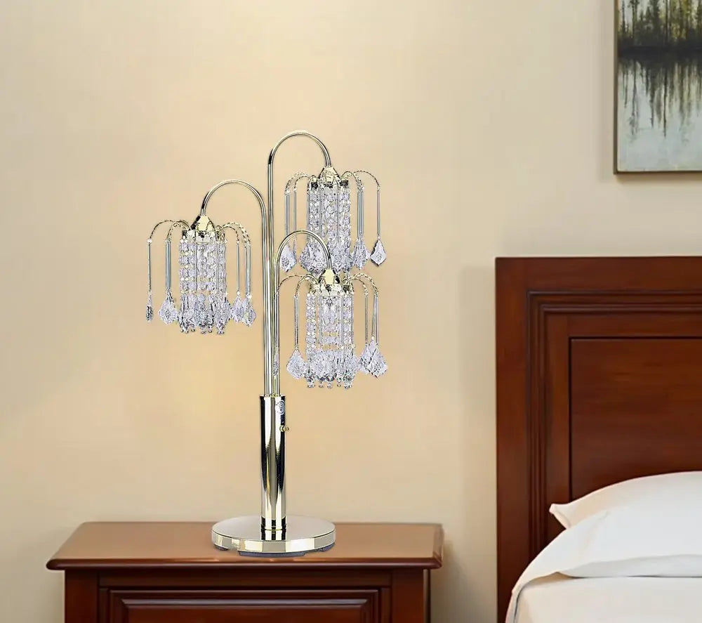 34" Gold and Faux Crystal Three Light Chandelier Table Lamp HomeRoots