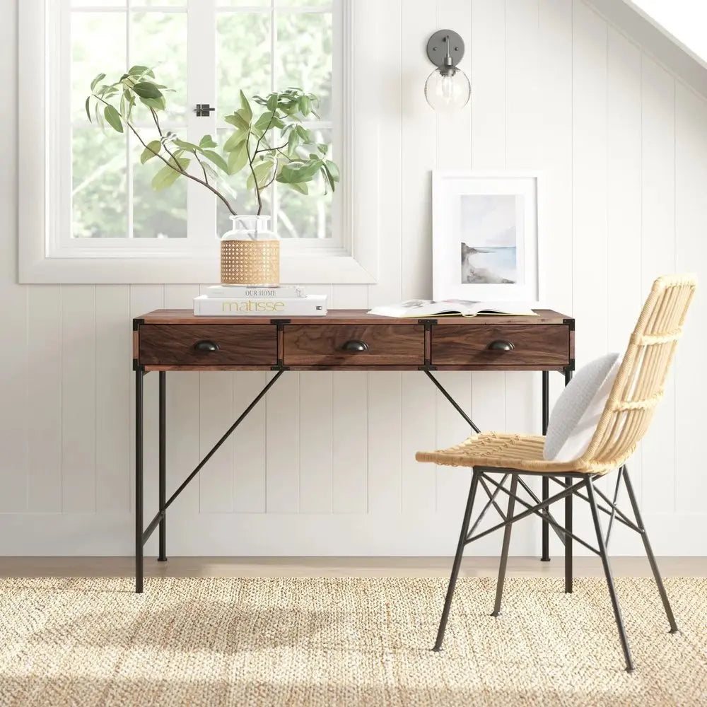 47" Brown Wood Wall Mounted H - Shape Writing Desk With Three Drawers - NOBLE HOME INTERIORS