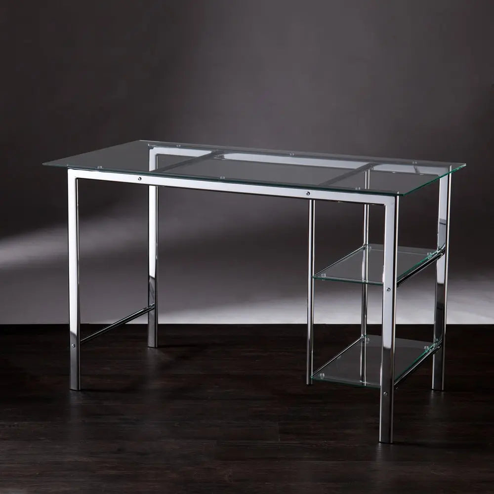 47" Clear and Silver Glass and Metal Writing Desk - NOBLE HOME INTERIORS