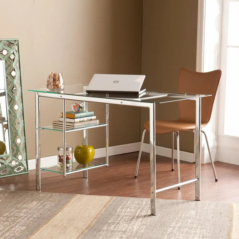 47" Clear and Silver Glass and Metal Writing Desk - NOBLE HOME INTERIORS