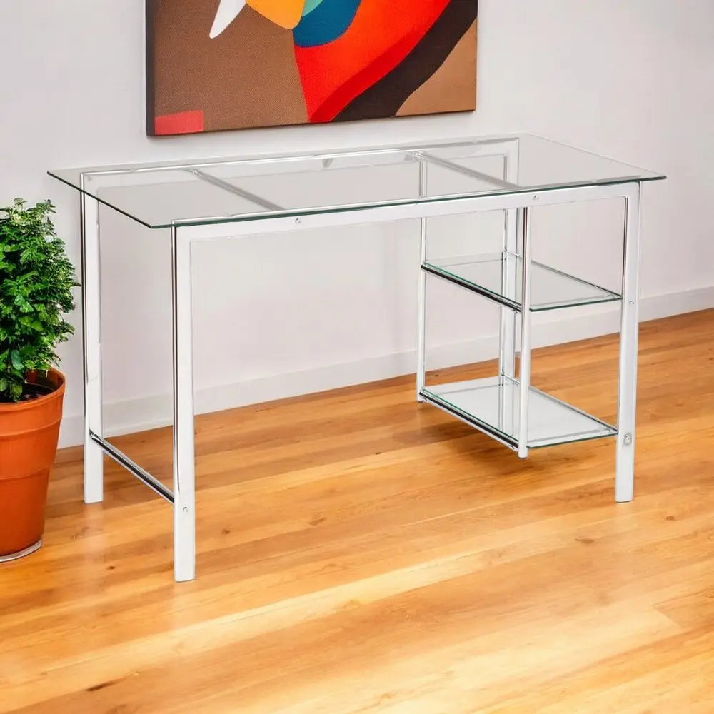 47" Clear and Silver Glass and Metal Writing Desk - NOBLE HOME INTERIORS