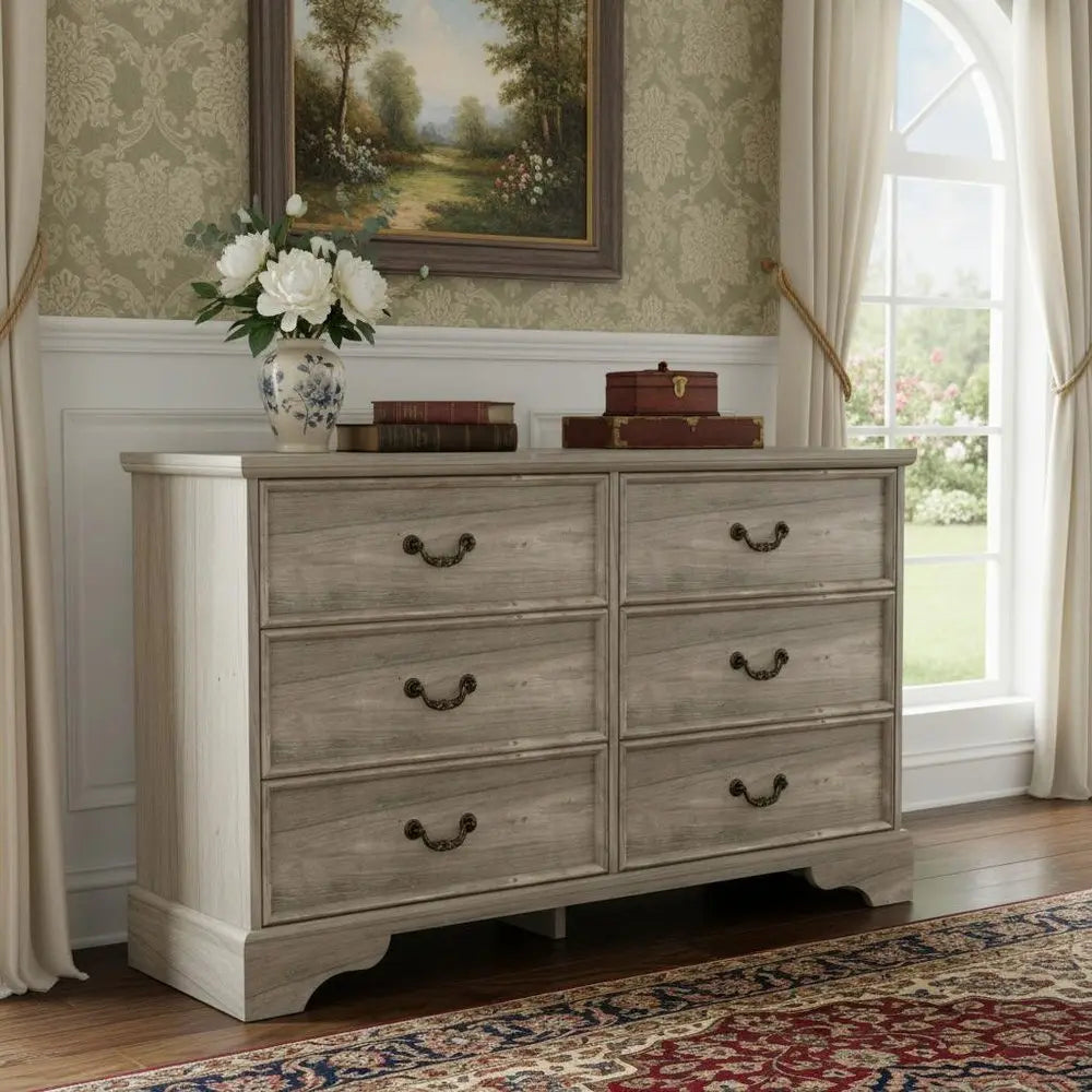 47" Light Gray Solid Wood Console Accent Cabinet With Six Drawers - NOVA HOME FURNITURE