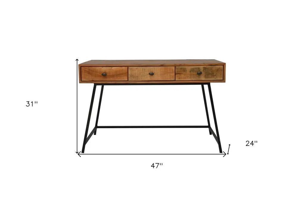 47" Natural and Black Solid Wood Writing Desk With Three Drawers - NOBLE HOME INTERIORS