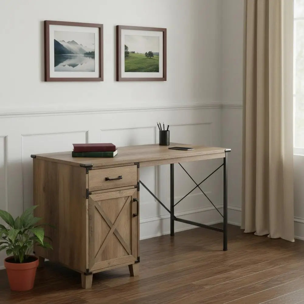 47" Oak Wood Wall Mounted Trestle Writing Desk - NOBLE HOME INTERIORS