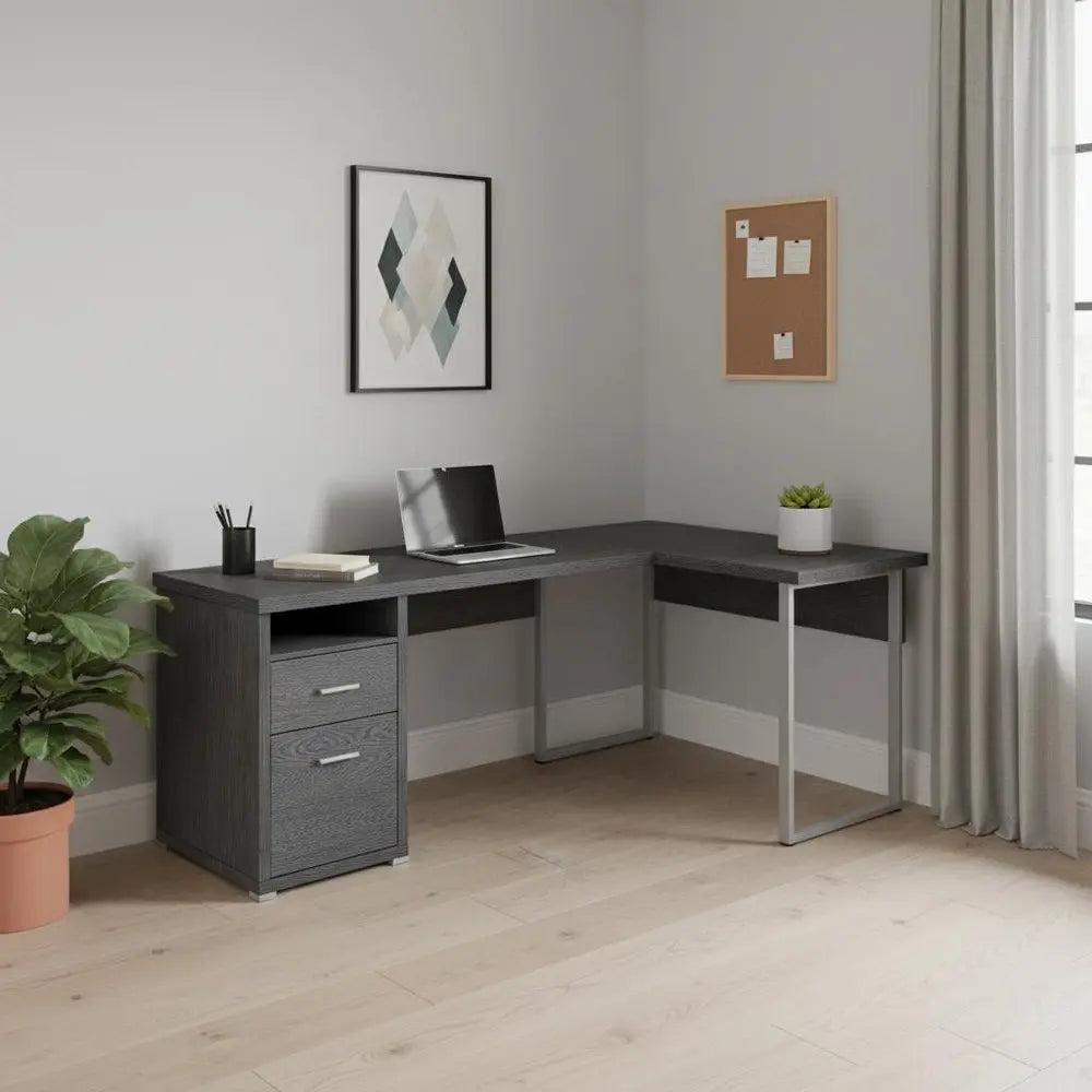 47" Taupe and Silver L Shape Computer Desk With Two Drawers - NOBLE HOME INTERIORS