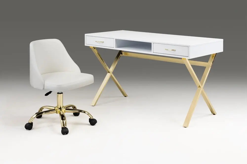 47" White and Gold Wood and Metal Computer Desk With Two Drawers - NOBLE HOME INTERIORS
