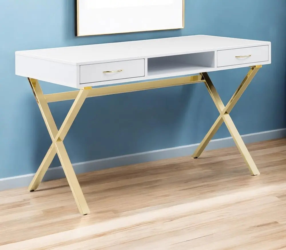 47" White and Gold Wood and Metal Computer Desk With Two Drawers - NOBLE HOME INTERIORS