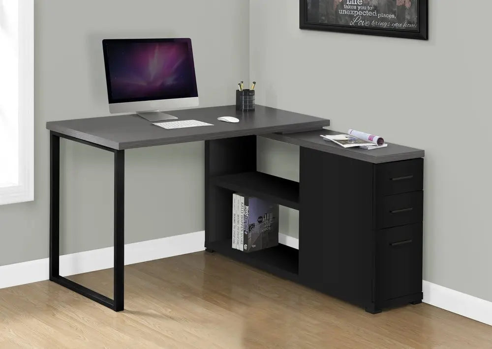 47" White and Silver L Shape Computer Desk With Three Drawers - NOBLE HOME INTERIORS