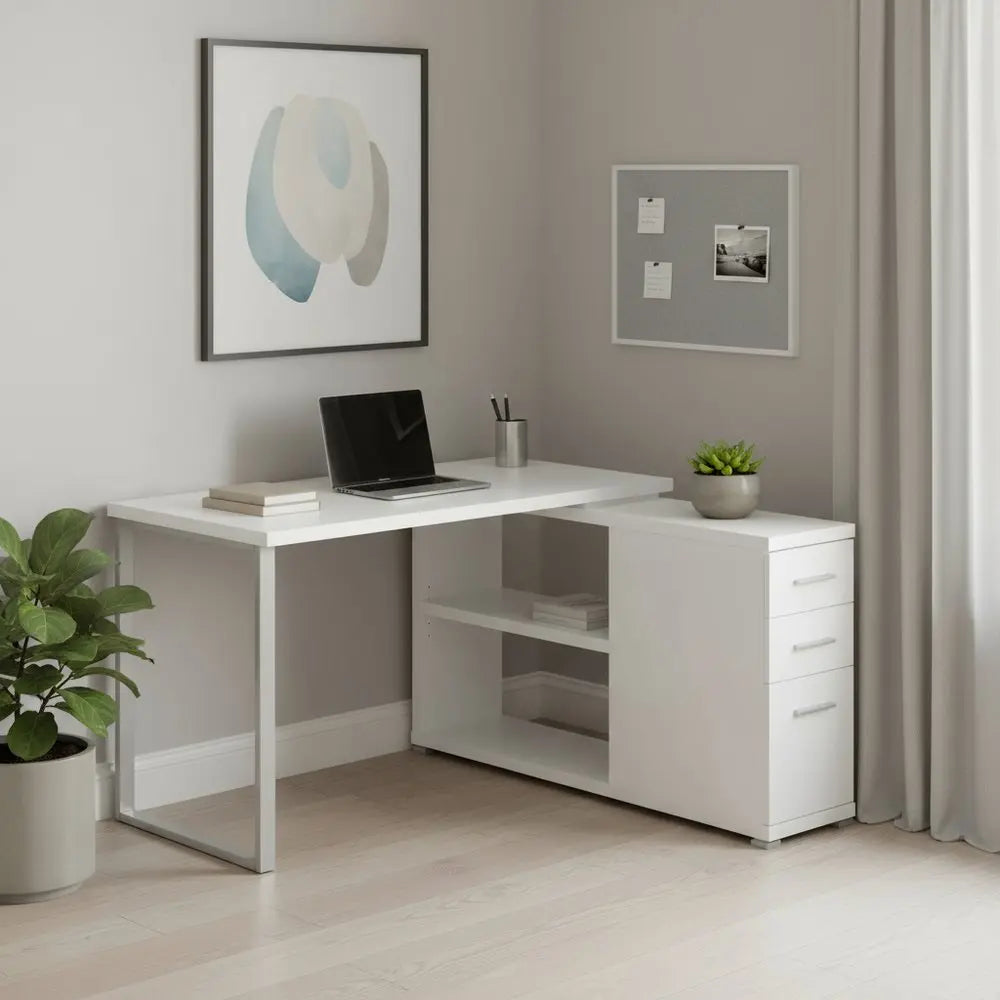 47" White and Silver L Shape Computer Desk With Three Drawers - NOBLE HOME INTERIORS