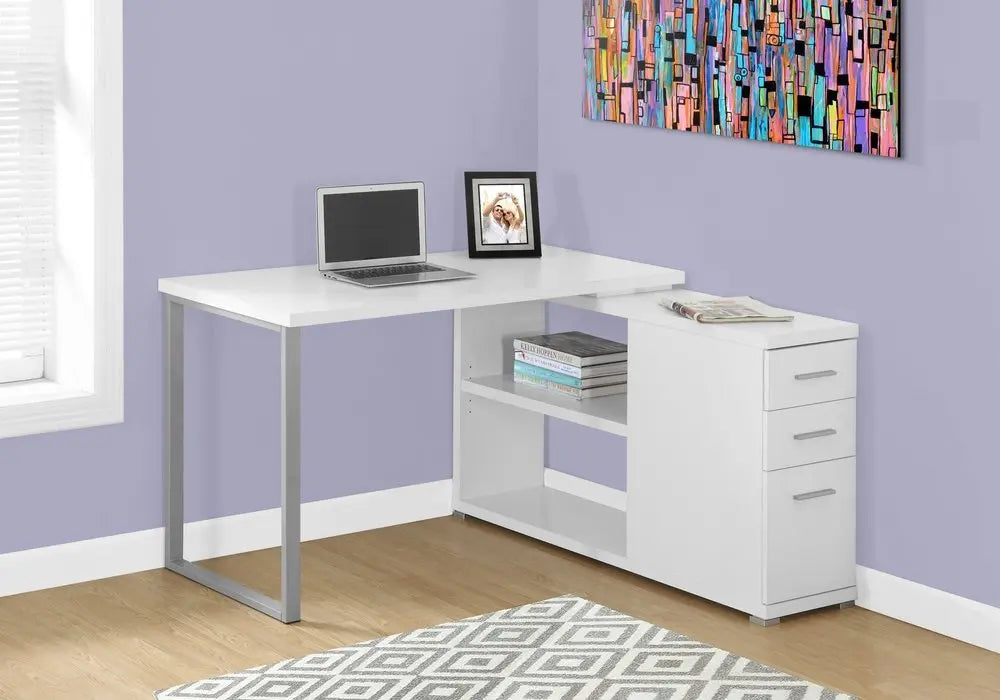 47" White and Silver L Shape Computer Desk With Three Drawers - NOBLE HOME INTERIORS