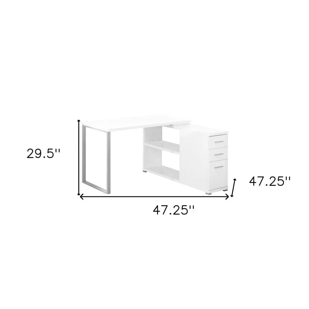 47" White and Silver L Shape Computer Desk With Three Drawers - NOBLE HOME INTERIORS