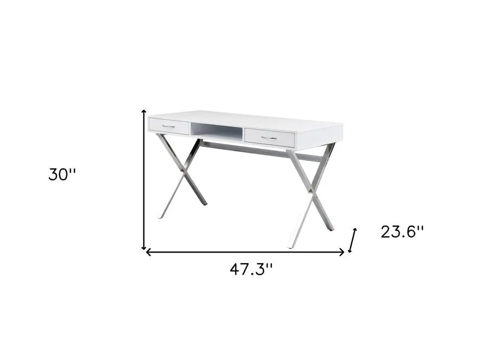 47" White and Silver Wood and Metal Computer Desk With Two Drawers - NOBLE HOME INTERIORS