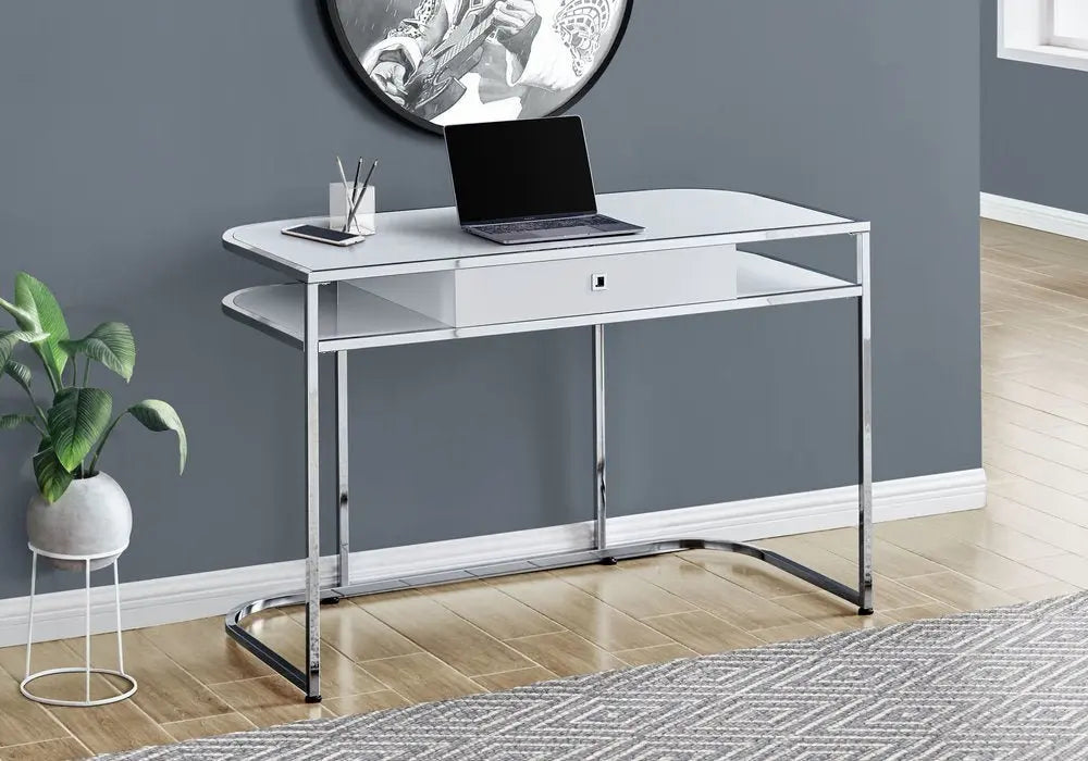 47" White and Silver Wood and Metal Sled Computer Desk - NOBLE HOME INTERIORS