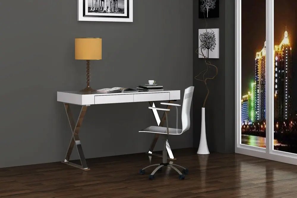 47" White and Silver Writing Desk With Two Drawers - NOBLE HOME INTERIORS