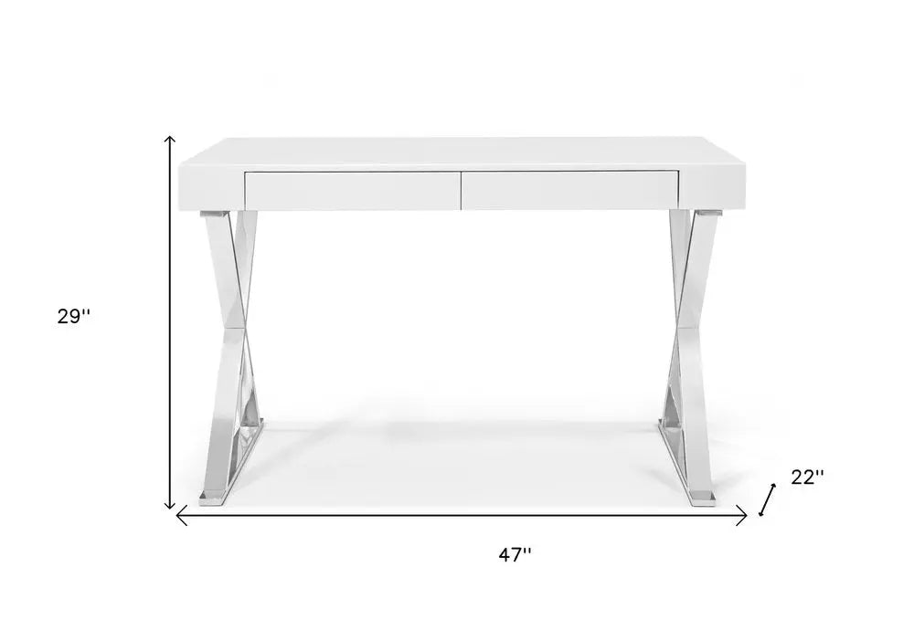 47" White and Silver Writing Desk With Two Drawers - NOBLE HOME INTERIORS