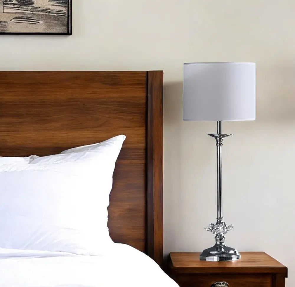 26" Silver Metal And Faux Crystal Table Lamp With White Cylinder Shade HomeRoots