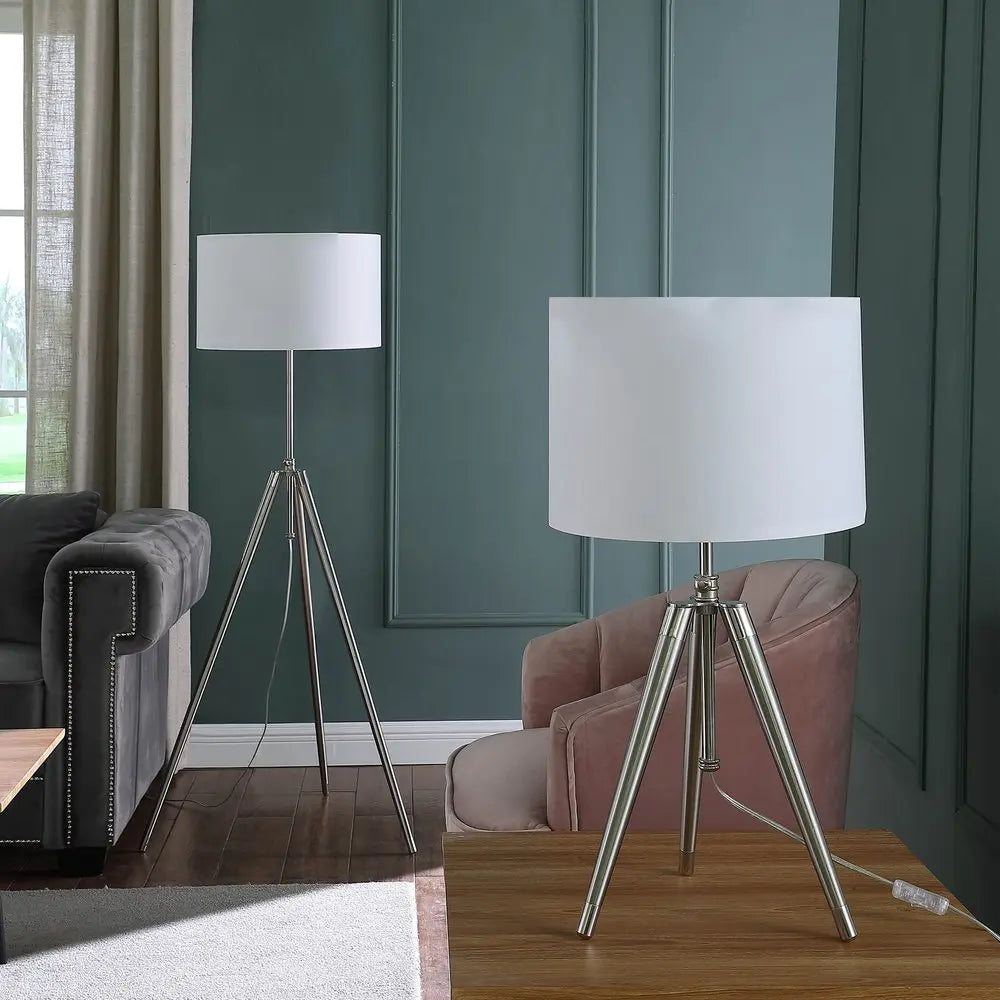 34" Silver Metal Adjustable Tripod Table Lamp With White Round Shade HomeRoots