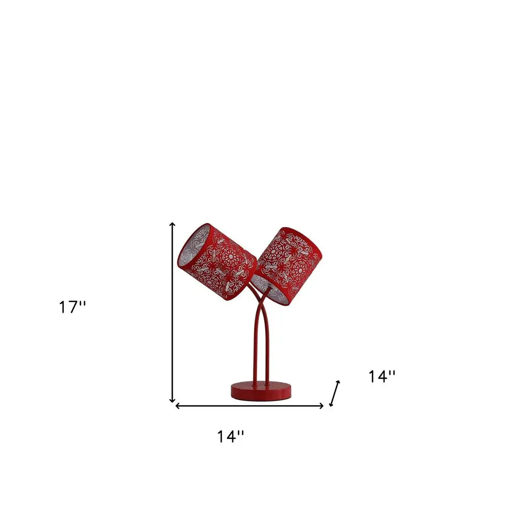 17" Red Metal Two Light Table Lamp With Red Abstract Drum Shade HomeRoots