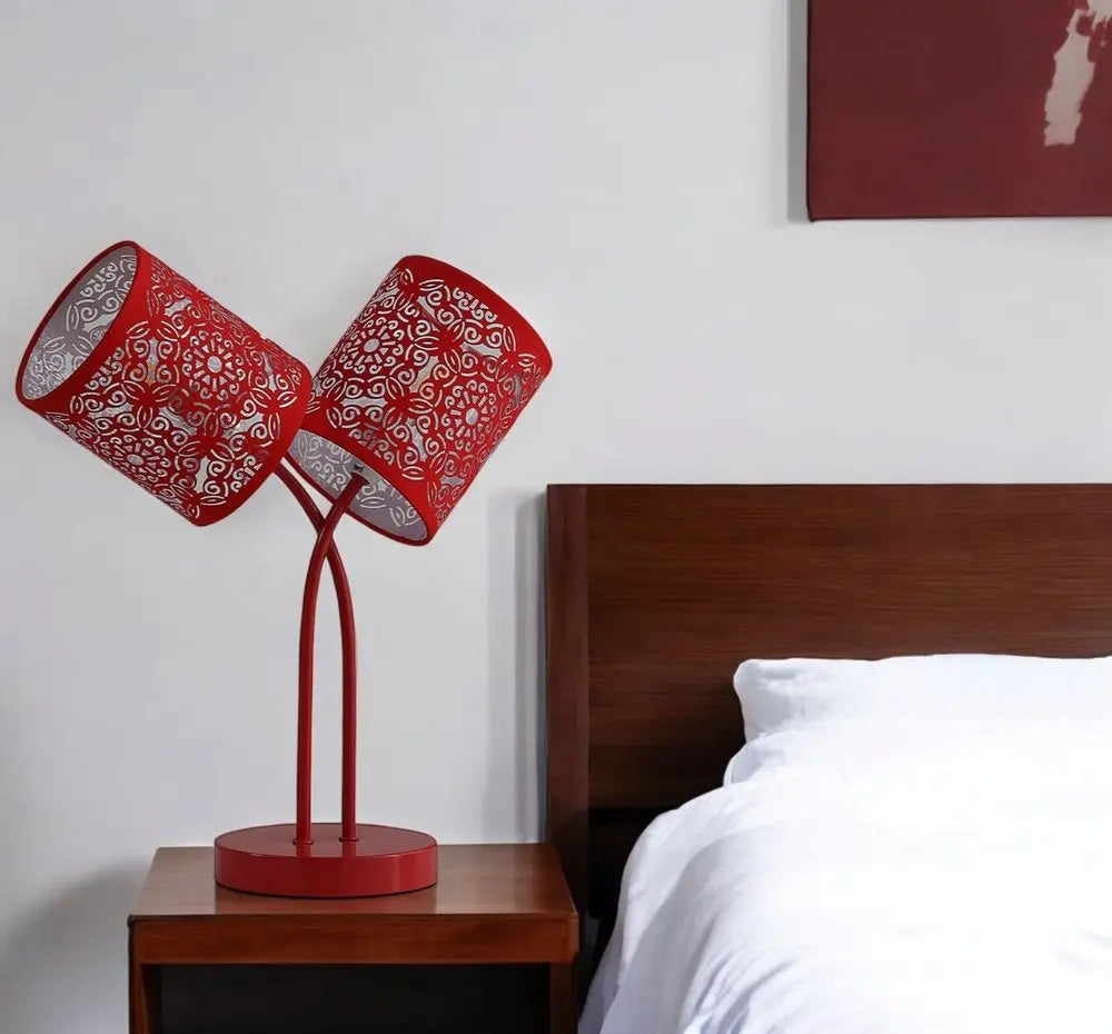17" Red Metal Two Light Table Lamp With Red Abstract Drum Shade HomeRoots