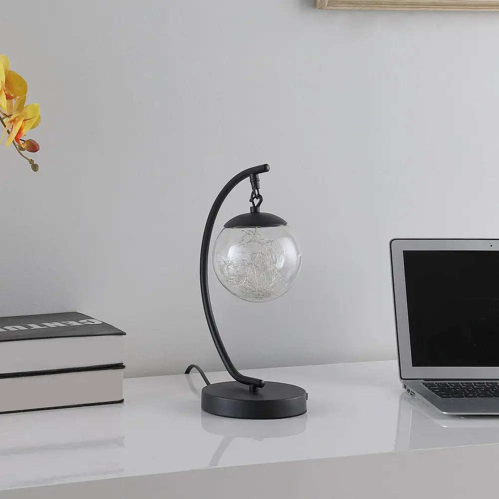 14" Matte Black Metal Arched Hanging Orb USB Table Lamp HomeRoots