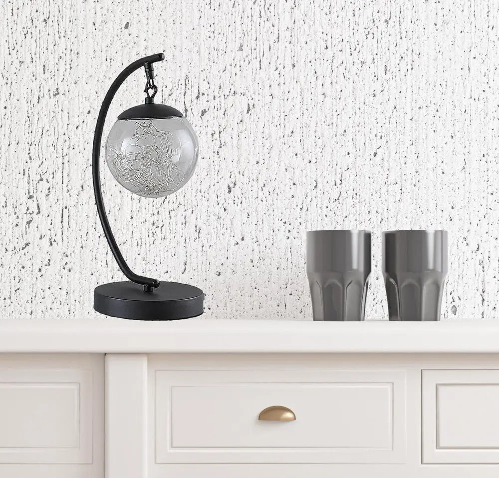 14" Matte Black Metal Arched Hanging Orb USB Table Lamp HomeRoots