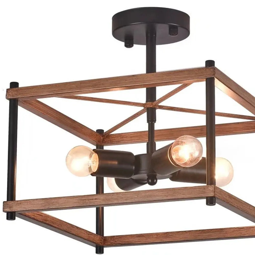 Industrial Wood Square Four Light Ceiling Fixture HomeRoots