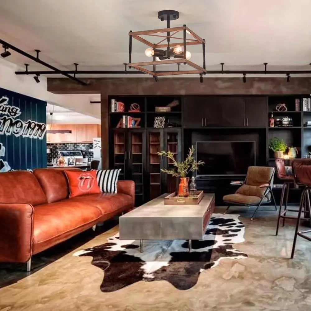 Industrial Wood Square Four Light Ceiling Fixture HomeRoots