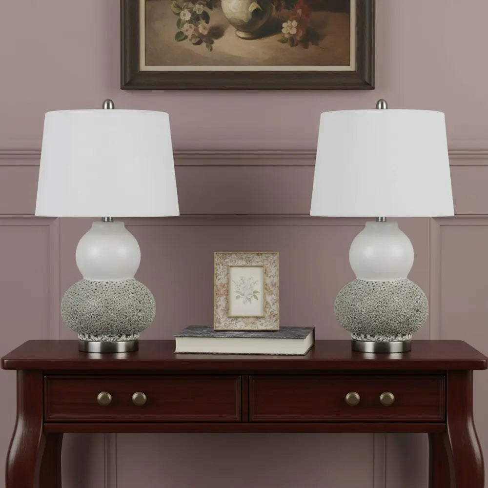 Set Of Two 24" Silver Metal Two Light Desk Table Lamps With White Globe Shade HomeRoots