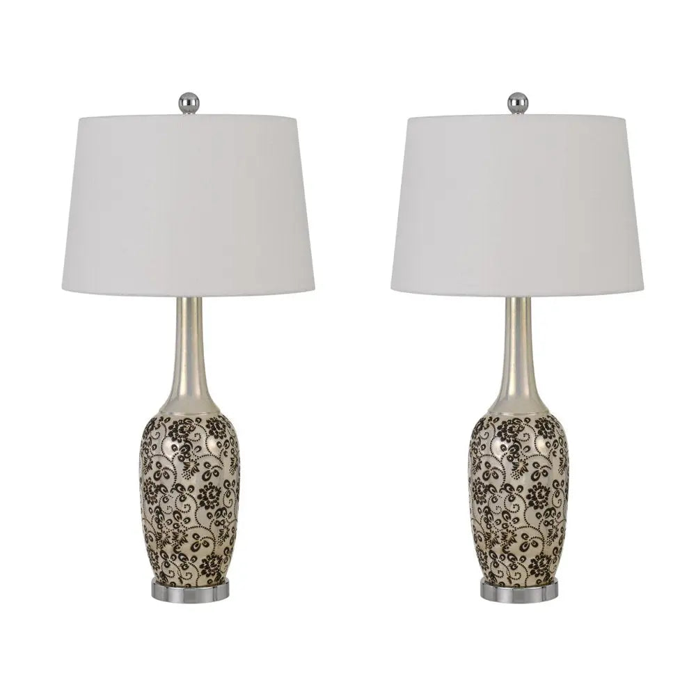Set Of Two 30" Silver Metal Two Light Bedside Table Lamps With White Globe Shade HomeRoots