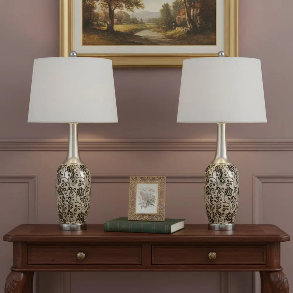 Set Of Two 30" Silver Metal Two Light Bedside Table Lamps With White Globe Shade HomeRoots