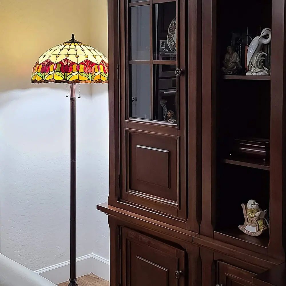 62" Brown Two Light Traditional Shaped Floor Lamp With Red Flowers Stained Glass Dome Shade HomeRoots