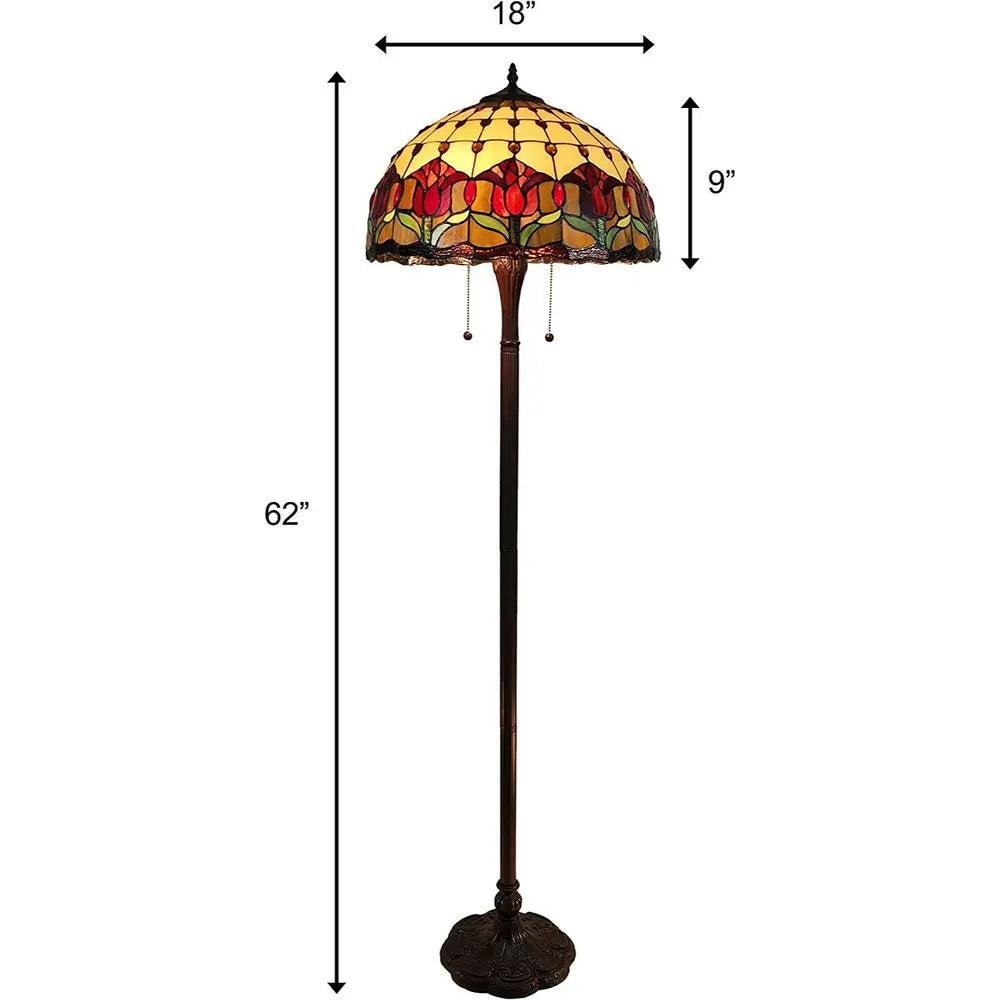 62" Brown Two Light Traditional Shaped Floor Lamp With Red Flowers Stained Glass Dome Shade HomeRoots