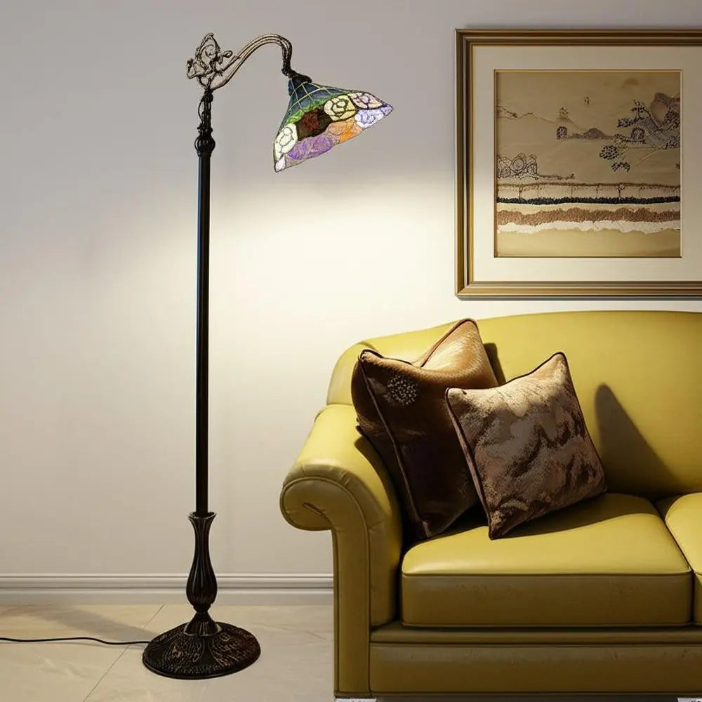 62" Brown Torchiere Floor Lamp With Blue and Yellow Flowers Glass Dome Shade HomeRoots