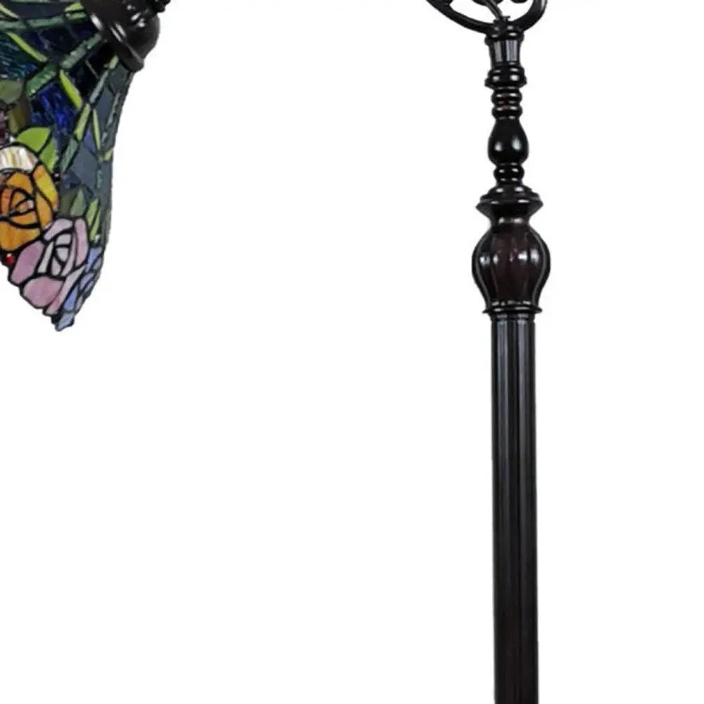 62" Brown Torchiere Floor Lamp With Blue and Yellow Flowers Glass Dome Shade HomeRoots