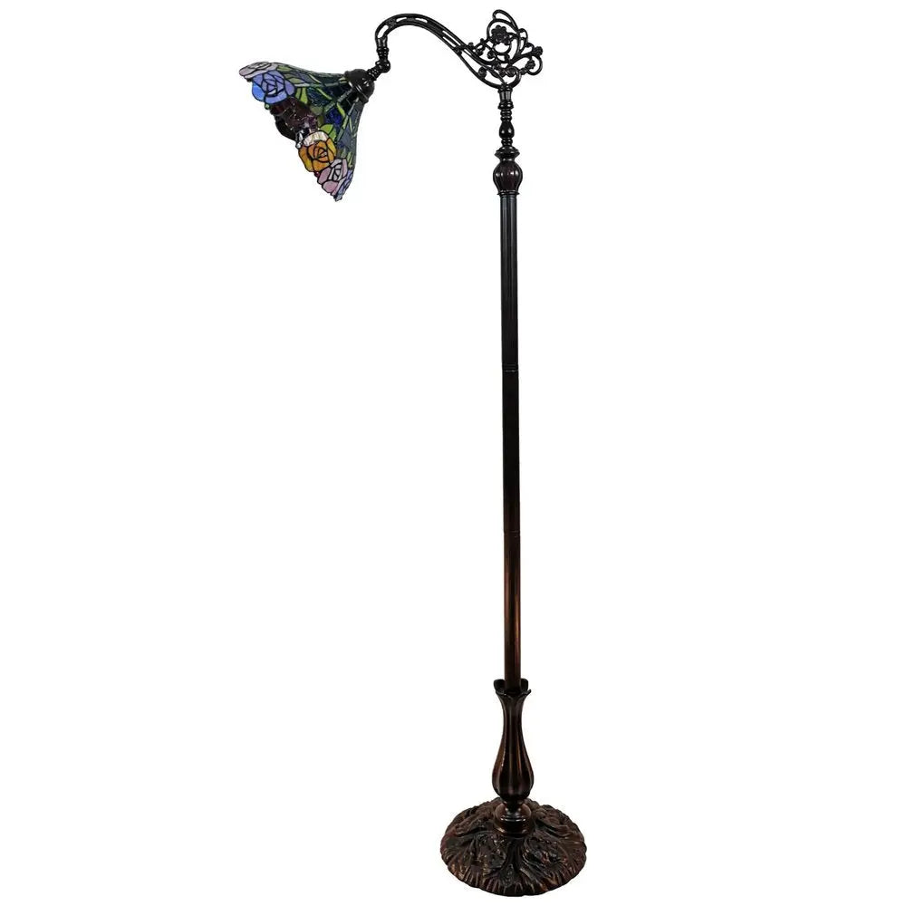 62" Brown Torchiere Floor Lamp With Blue and Yellow Flowers Glass Dome Shade HomeRoots