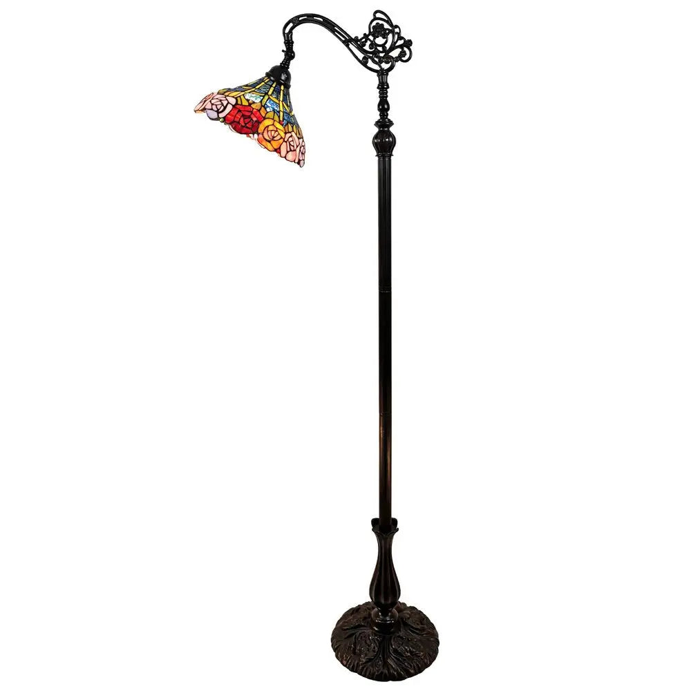 62" Brown Torchiere Floor Lamp With Blue and Yellow Flowers Glass Dome Shade HomeRoots