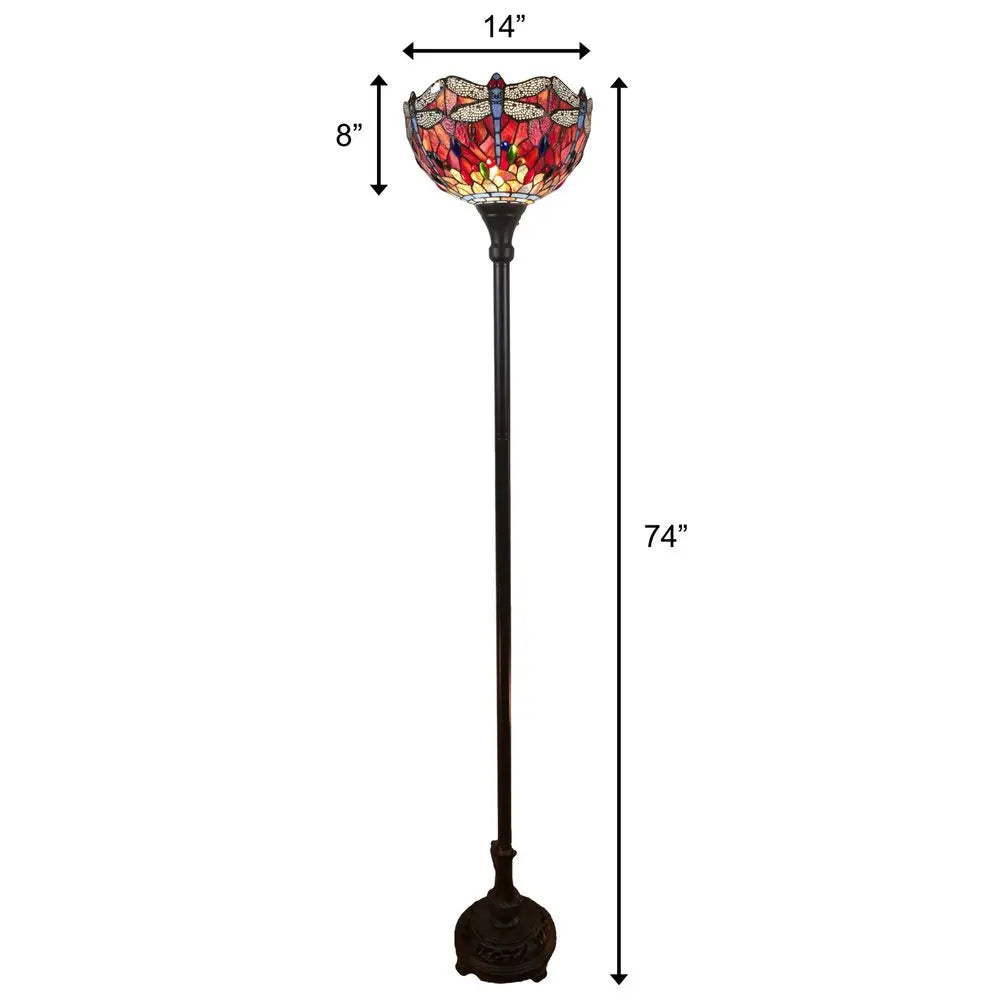 69" Black And Red Torchiere Floor Lamp With Red Dragonfly Glass Dome Shade HomeRoots