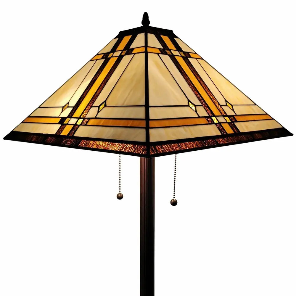62" Brown And White Two Light Floor Lamp With Brown And White Glass Cone Shade HomeRoots