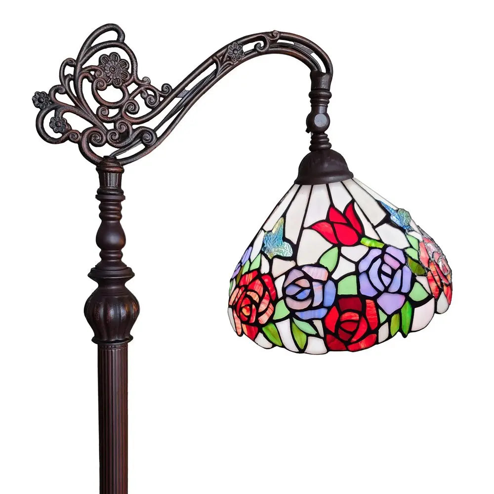 62" Espresso Metal Torchiere Floor Lamp With Green And White Flowers Glass Dome Shade HomeRoots