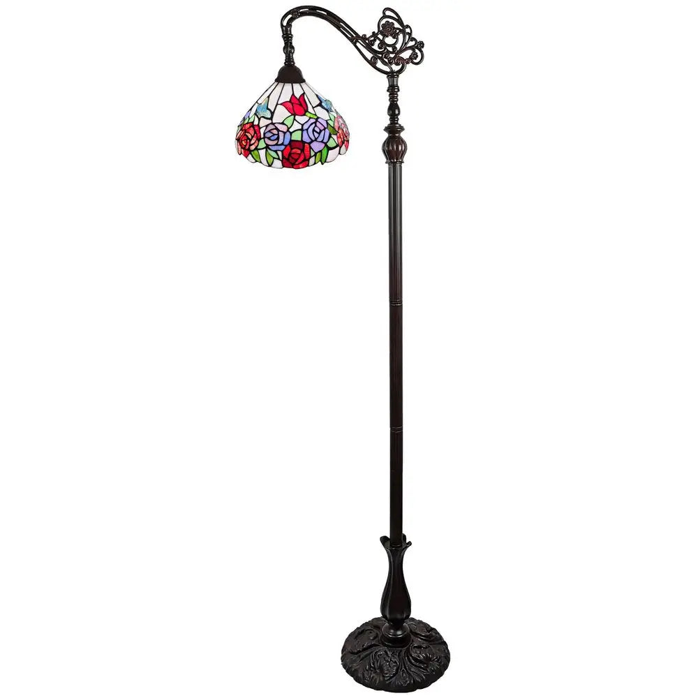 62" Espresso Metal Torchiere Floor Lamp With Green And White Flowers Glass Dome Shade HomeRoots