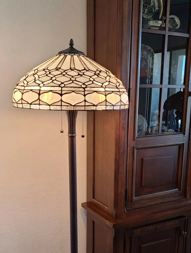 62" Brown And White Two Light Torchiere Floor Lamp With White Geometric Glass Dome Shade HomeRoots